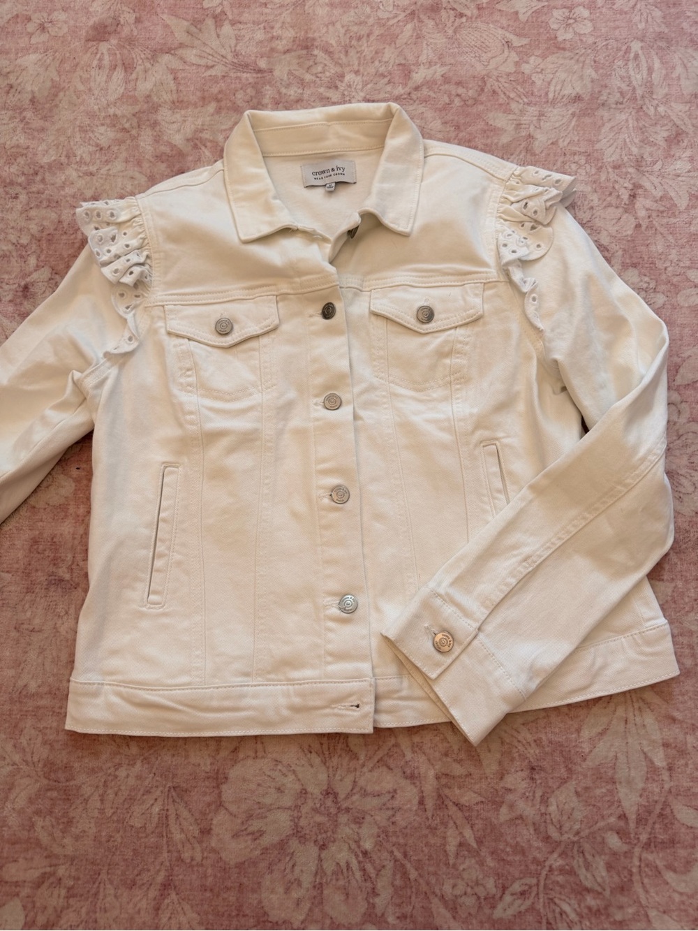 crown & ivy Cream Eyelet-Ruffle Denim Jacket
